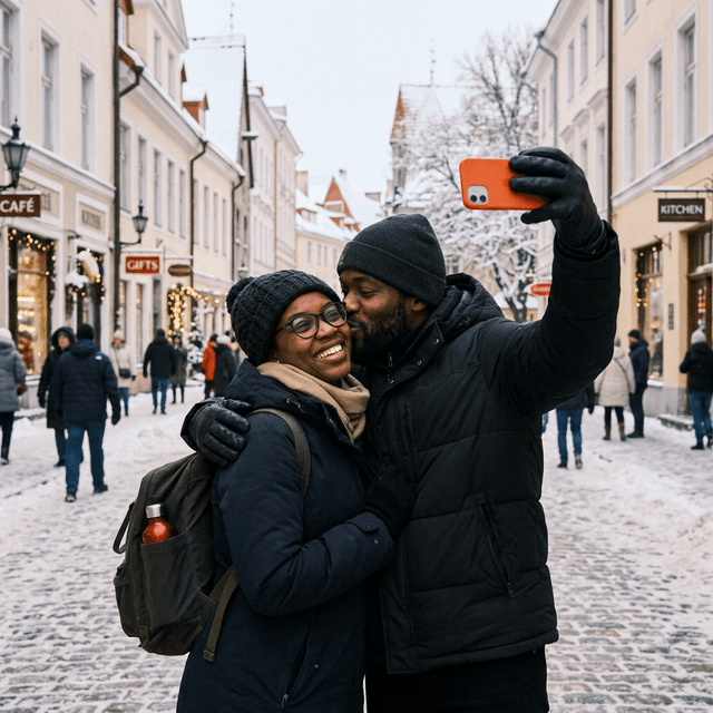 Happy couple taking a selfie in winter